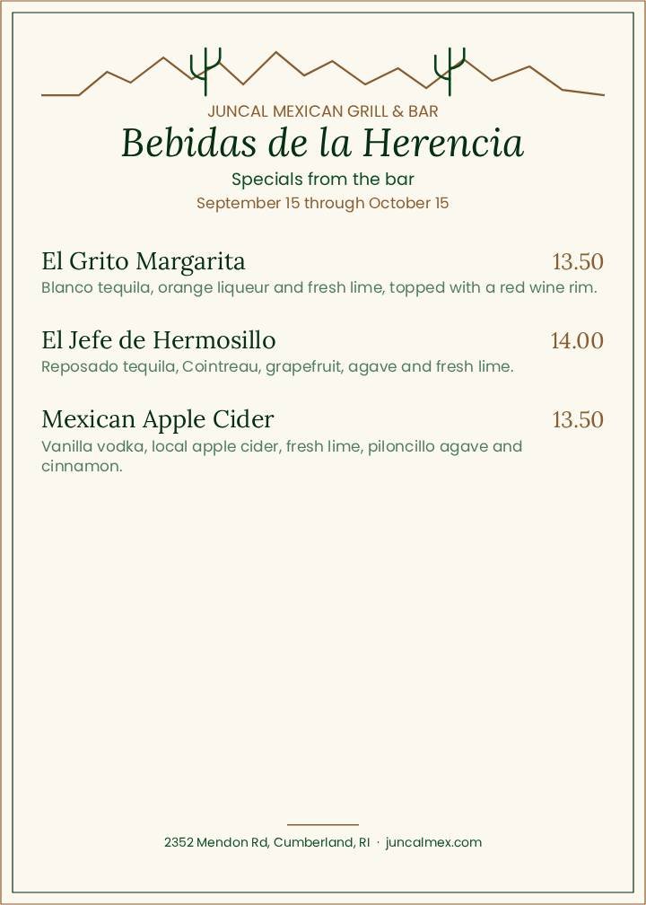 Juncal Mexican Grill Sonora Menu Page 2
