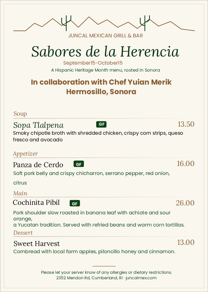 Juncal Mexican Grill Sonora Menu Page 1